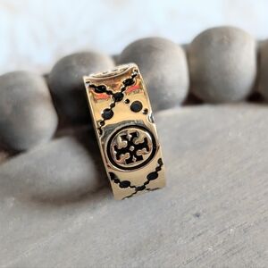 TORY BURCH Icon Monogram Ring Black on Gold Size 6